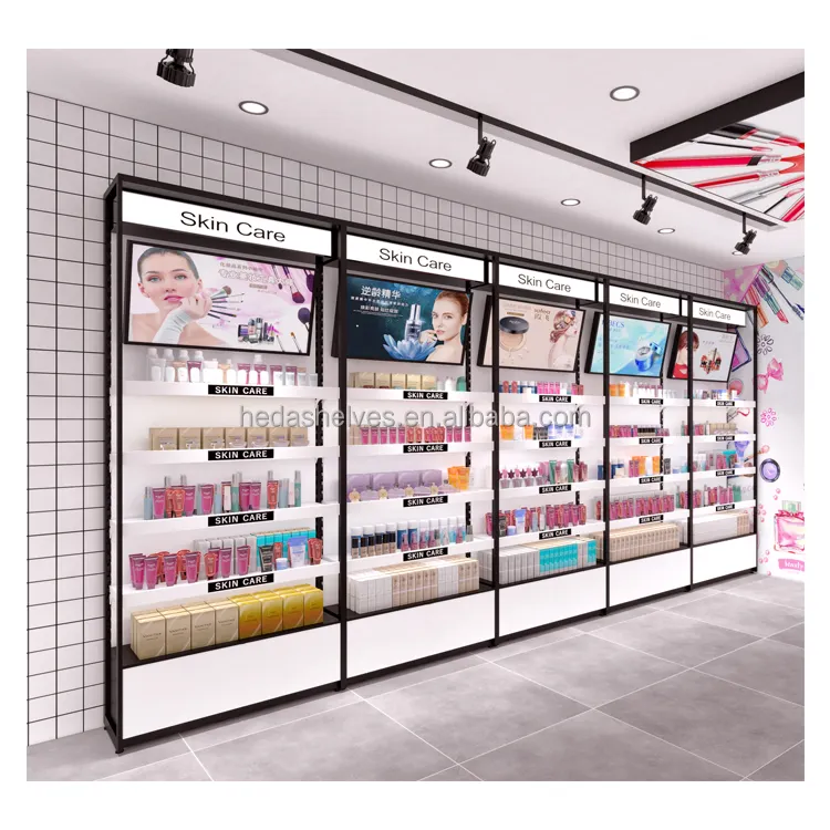 Espositori per cosmetici personalizzati colorati di moda negozio di bellezza negozio di cosmetici scaffale da parete per esposizione di trucco del centro commerciale