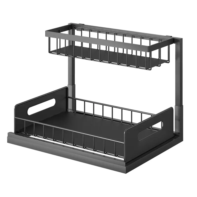 2- Tier Koolstofstaal Kruidenkeukenrek Uittrekbaar Schuifplank Onder Gootsteen Organizer Voor Opberglade Voor Keukenkast