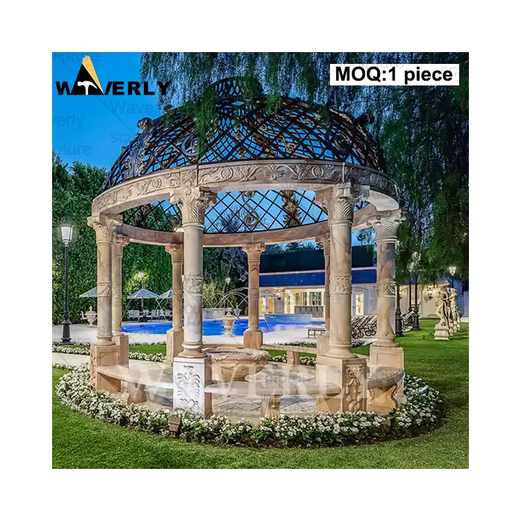 Gazebo dôme colonne en pierre naturelle cher pavillon extérieur en marbre blanc de style grec à vendre Gazebo de jardin en marbre