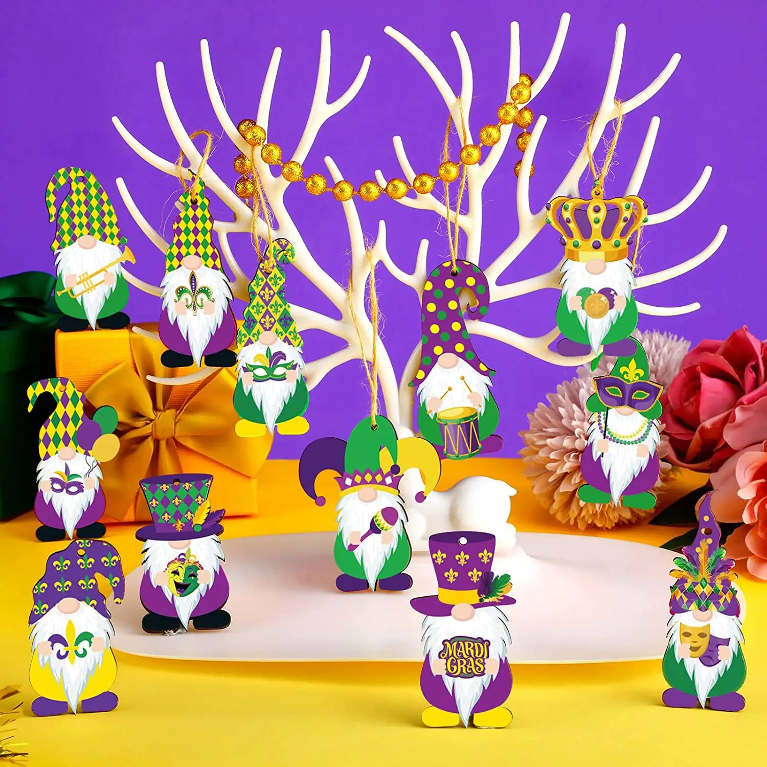 Pafu 36 PCS Mardi Gras Christmas Tree Ornaments Masquerade Mask Sign Hanging Wooden Prom Carnival Gnome decoration