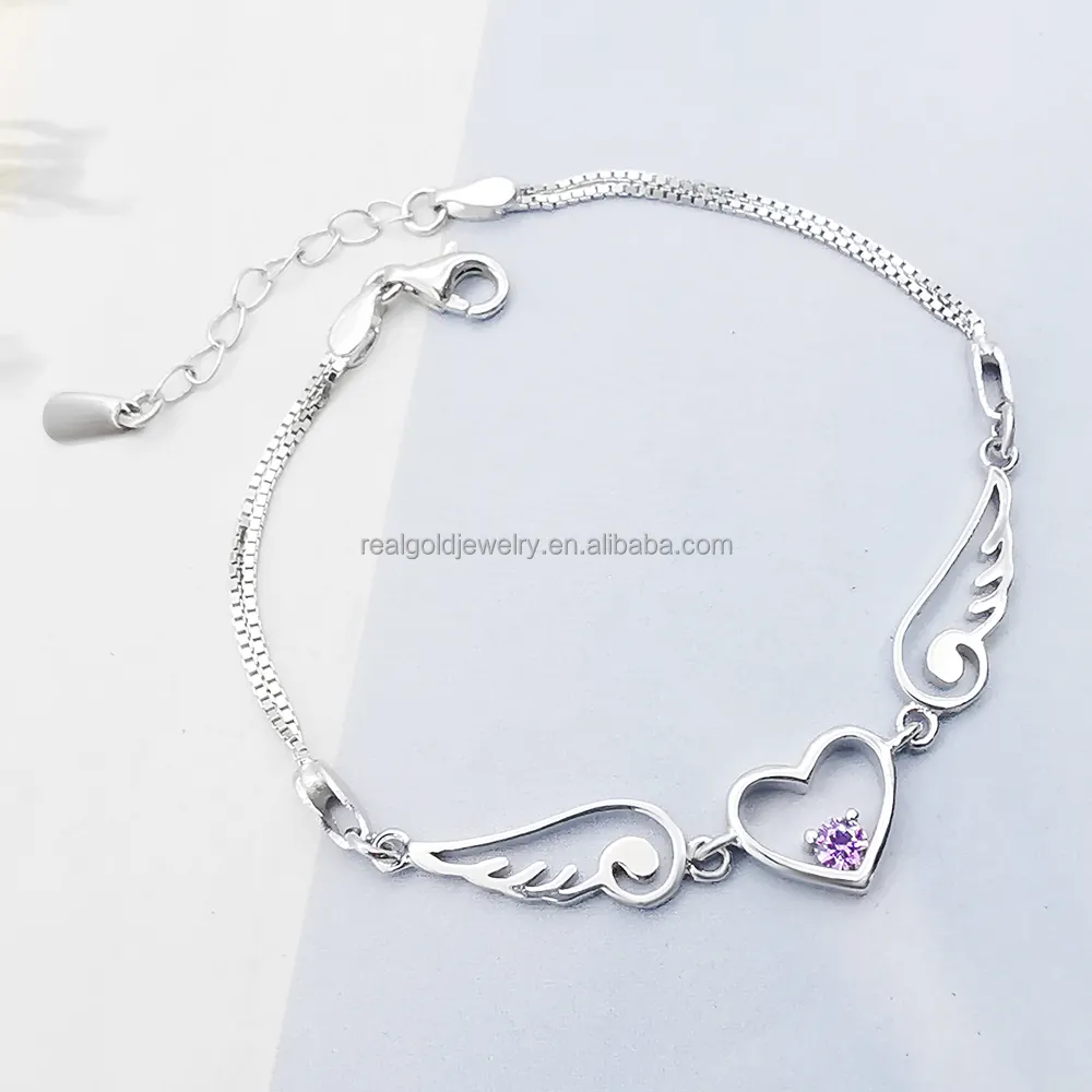Joli coeur 14K plaqué or 925 argent Sterling Zircon cubique Bracelet ange aile chaîne lien Bracelet à breloques en gros