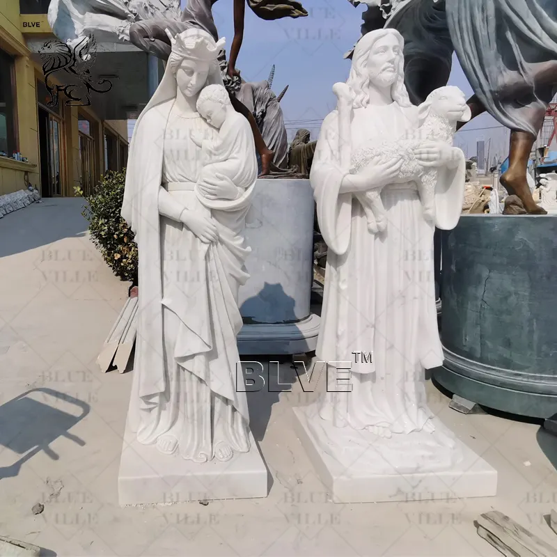 बीएलवीई आउटडोर धार्मिक कैथोलिक धर्म प्राकृतिक संगमरमर की मूर्ति जीवन आकार सफेद संगमरमर सेंट जोसेफ संगमरमर विवाह और शिशु यीशु