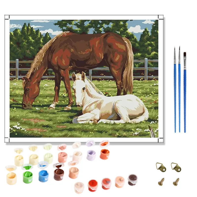 Lukisan dengan angka kuda di padang rumput DIY cat dengan angka lukisan hewan kanvas kerajinan seni