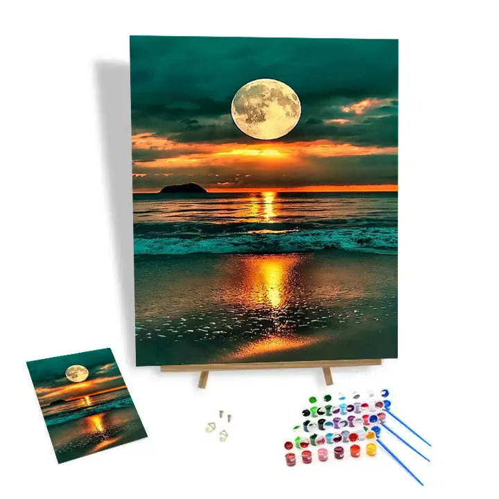 Pintura por números para adultos Luna bajo la puesta del sol pintura por número en lienzo paisaje marino Diy pintura al óleo decoración de la pared del hogar