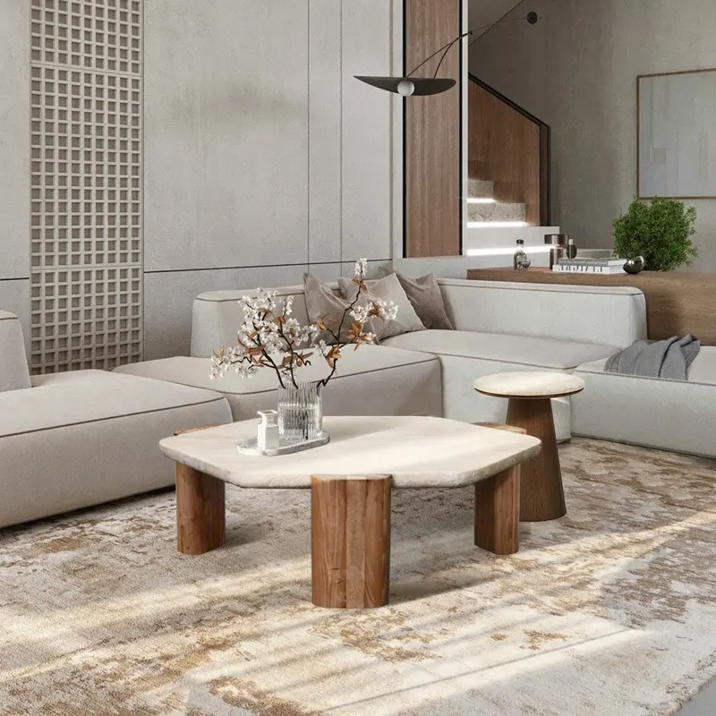 İskandinav mobilya mermer kaide doğal taş traverten yan masa kireçtaşı ahşap taban oturma odası katı ahşap sehpa