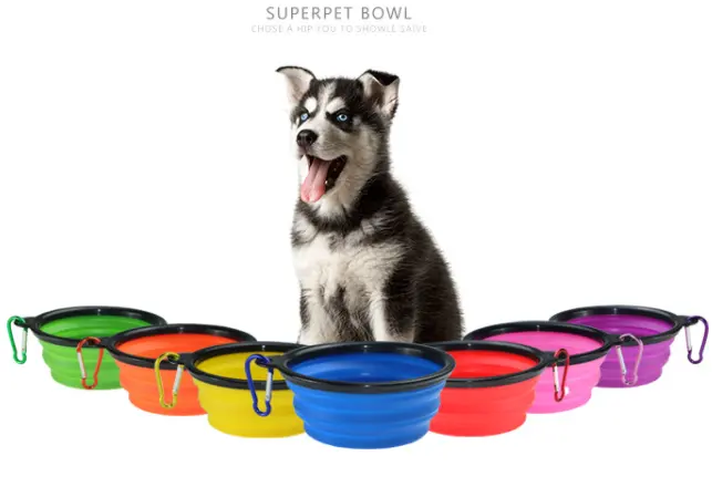 Cuenco de silicona plegable para comida de perro, tazón portátil con gancho, gran oferta