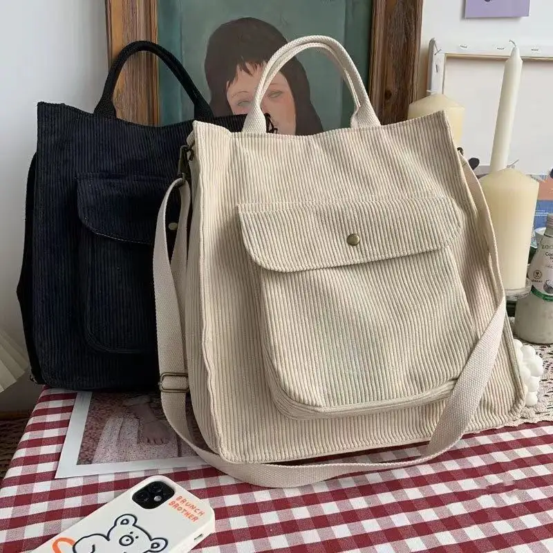 Venta al por mayor de pana, bolso de hombro para mujer, bolsos de compras Retro con cremallera para niñas, bolso de libros para estudiantes, bolsos de mano, bolso informal con bolsillo exterior