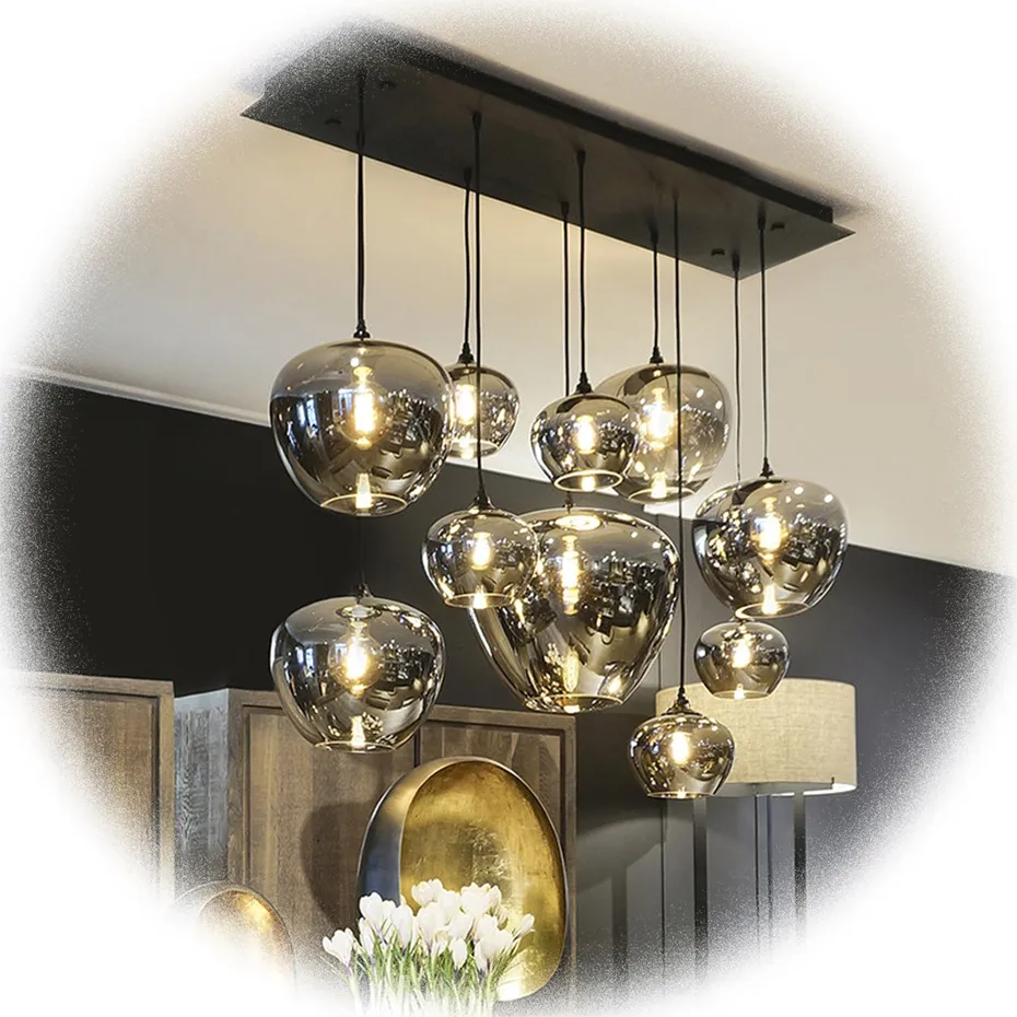 Luminária suspensa de vidro cinza para restaurantes, lustre decorativo nórdico moderno de ferro e vidro, lâmpada de suspensão de bolas disponível para restaurante