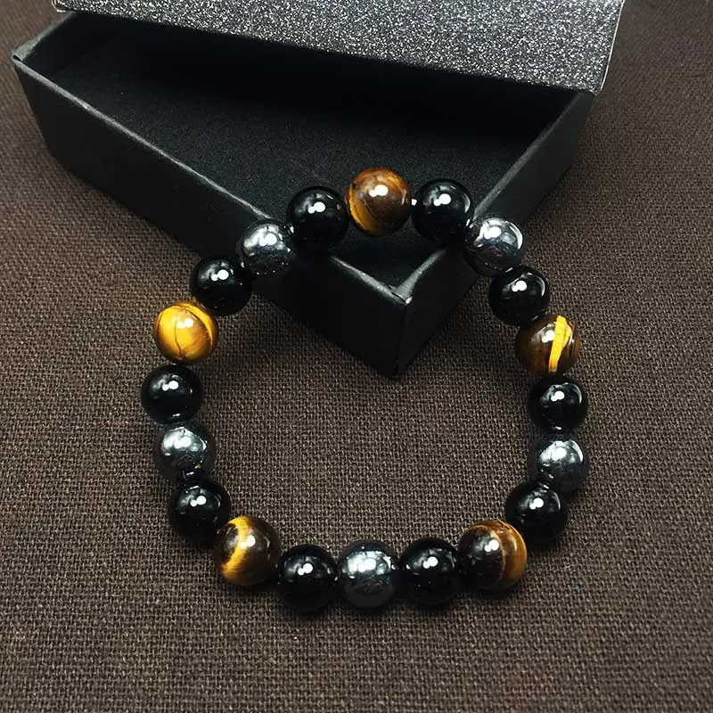 Fábrica directamente de alta calidad Ojo de tigre hematita negro obsidiana Natural estiramiento hombres piedra cuentas pulsera con 8mm 10mm