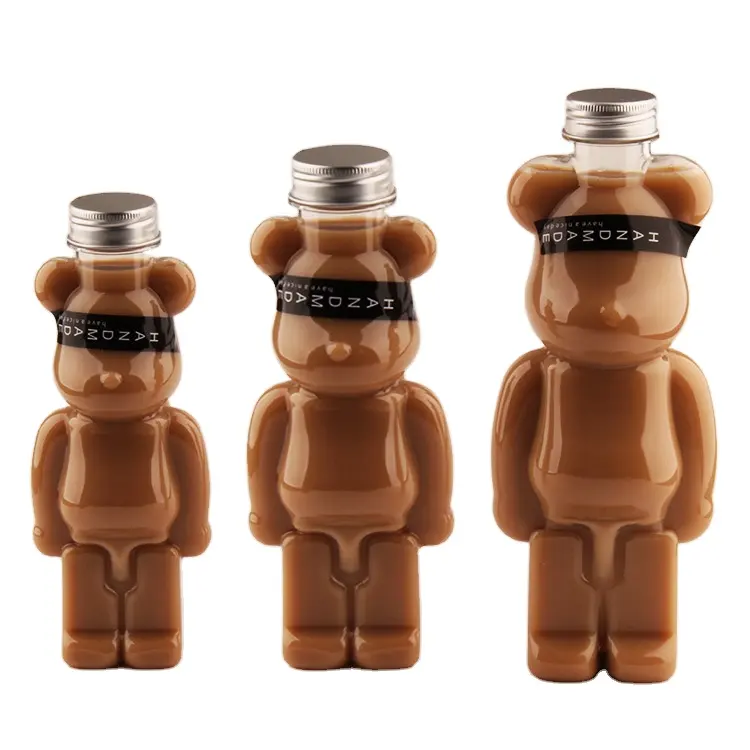 350ml 400ml 500ml 700ml Hot selling Customize Pet Plastic Bear Shape Juice Bottle for Beverage with cap and straps