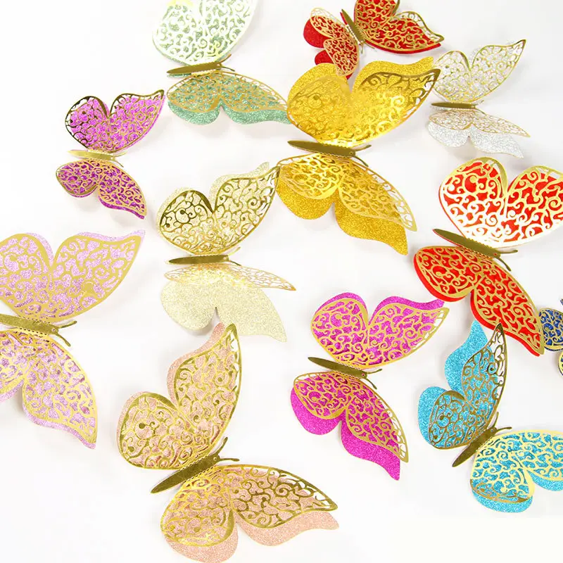 Neuankömmling Double Layer Farbe Hohl schmetterling 3D Hohl papier Schmetterlings kuchen Dekorieren Zubehör für Hochzeits feier Dressing