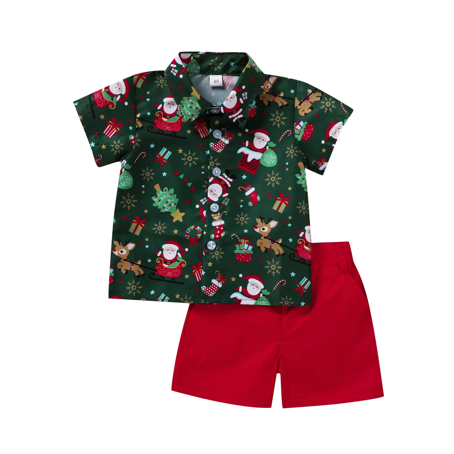 ヨーロッパとアメリカのクリスマスの男の子の服セットプリントラペル半袖シャツショーツ夏服セット