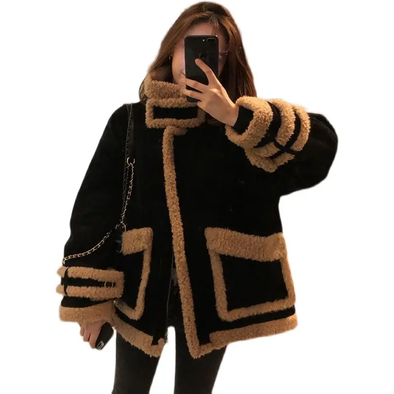 Manteau en fausse fourrure pour femme, manteau agneau duveteux, fermeture éclair, mode coréenne, grandes poches, col montant, veste noire