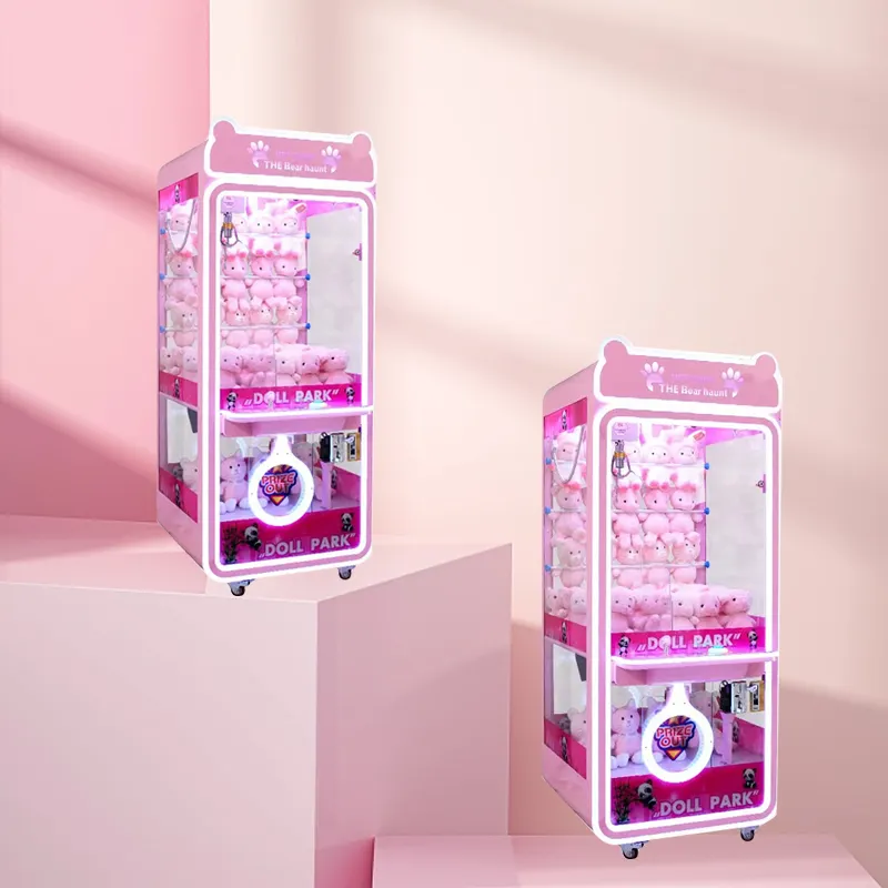 Sconto di fabbrica vendita nuovo distributore automatico a gettoni rosa multicolor trasparente clip doll machine
