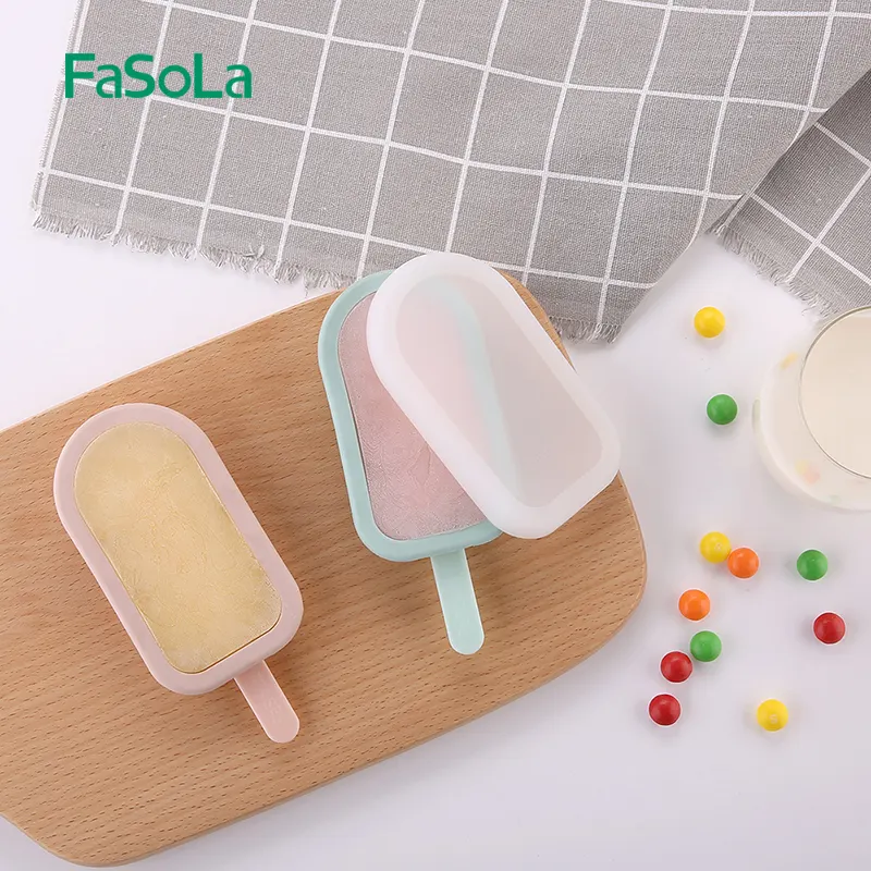 FaSoLa cetakan es krim silikon dapat dipakai ulang cetakan es krim dengan tongkat dan tutup penutup cetakan coklat baki es batu rumah Freezer DIY