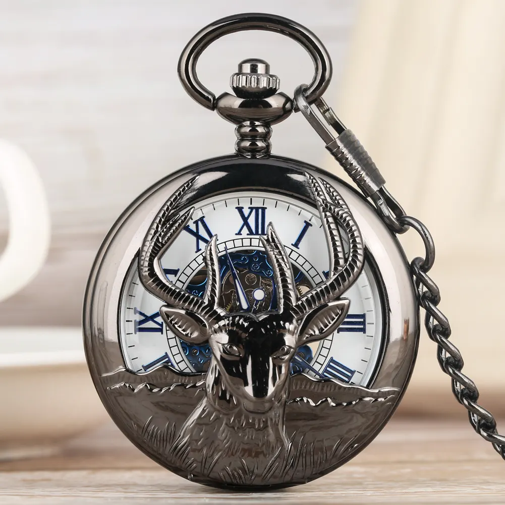 Reloj Mecánico Steampunk de lujo con colgante de cadena para hombre, cronógrafo de bolsillo con esfera romana, Animal, negro, alce, azul