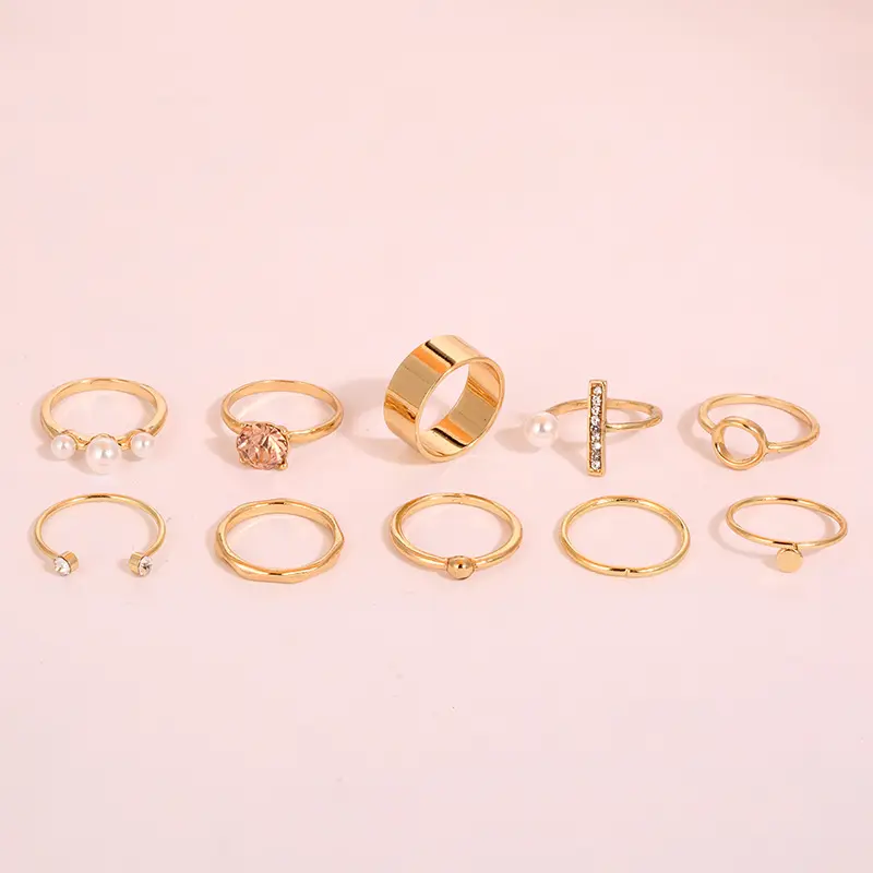 10 шт./компл. полированные кольца с натуральным жемчугом и кристаллами, гладкие геометрические кольца с цирконием и стразами