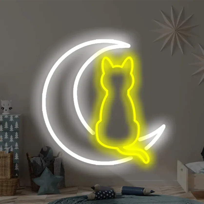 Letrero de neón personalizado para decoración de la Luna y el gato, luz LED de neón para sala de estar y dormitorio