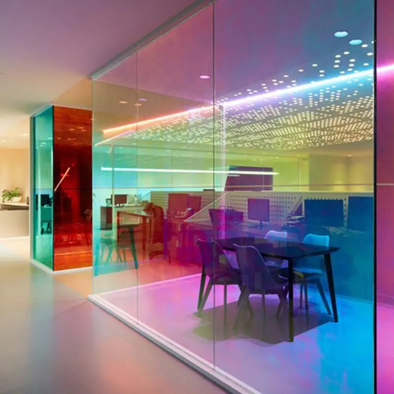 Dazzling Blauw/Rood Winkelcentrum Commerciële Kantoorgebouw Kleurrijke Holografische Regenboog Window Film