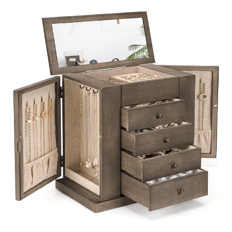 Caja de almacenamiento de madera para joyería con cierre grande, organizador de madera, joyeros de 5 capas con espejo