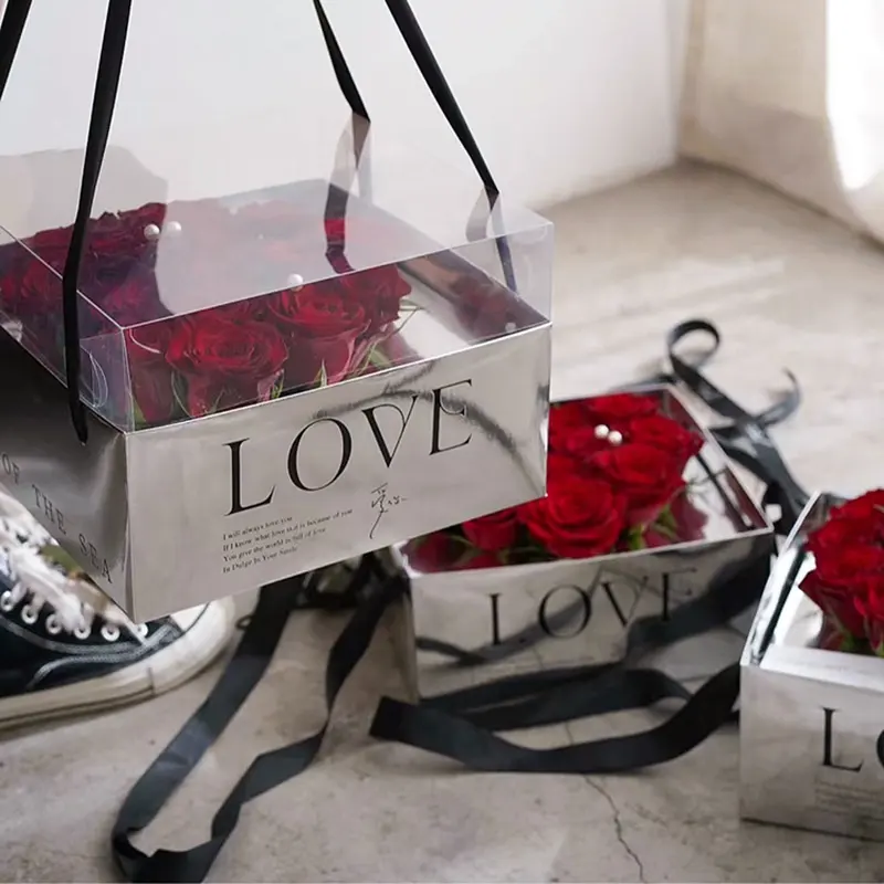 Nova Chegada Luxo LOVE Clear Window Silver Gift Coração Forma Rose Flower Caixa de Embalagem com Alça para o Dia dos Namorados