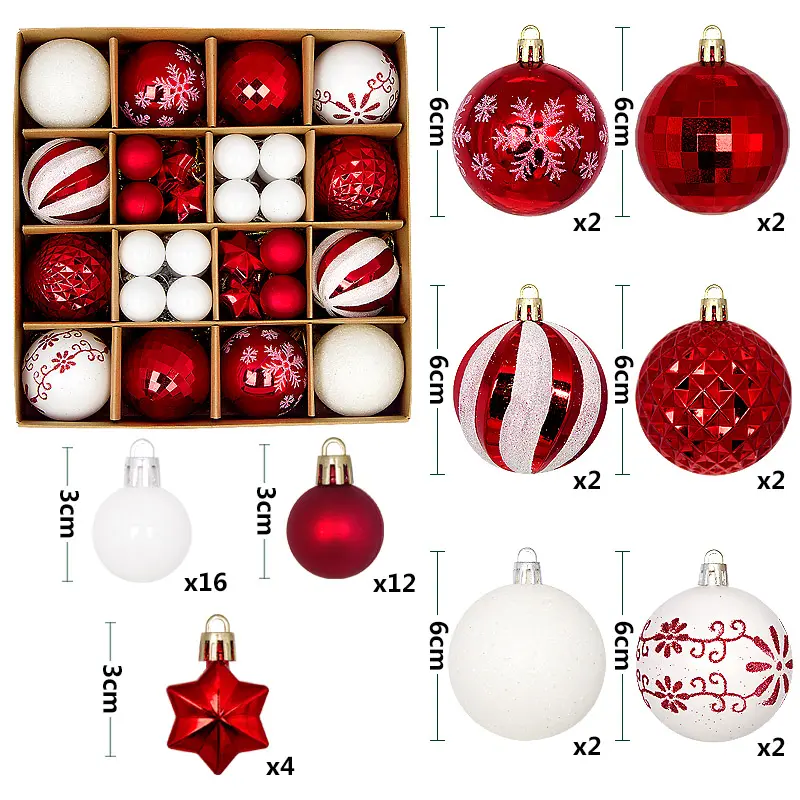 44pcs Christmas Ball   Tree Ornaments red and white Set Hand-painted Christmas Balls For Parties And Christmas Tree Decorations
