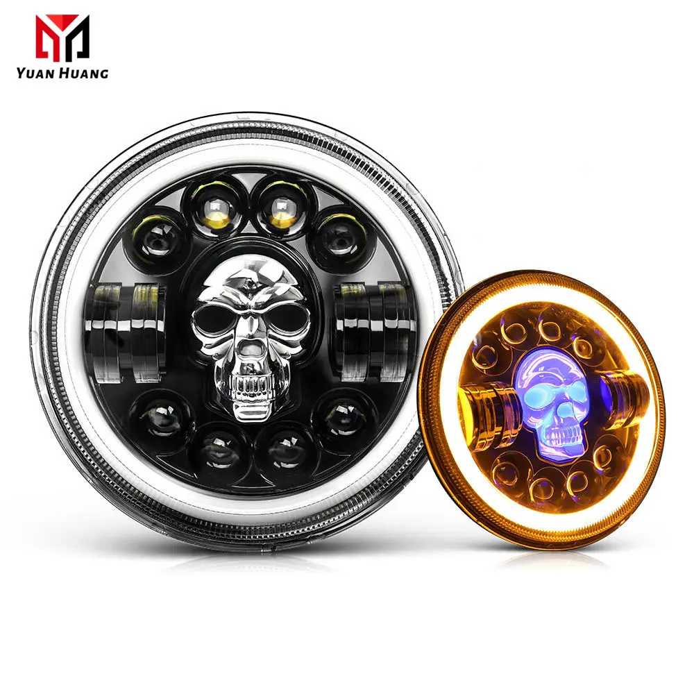 75W Super Bright High Low Beam DRL Turn Singal White Amber Angel Eye 7 pollici round led headlight per auto