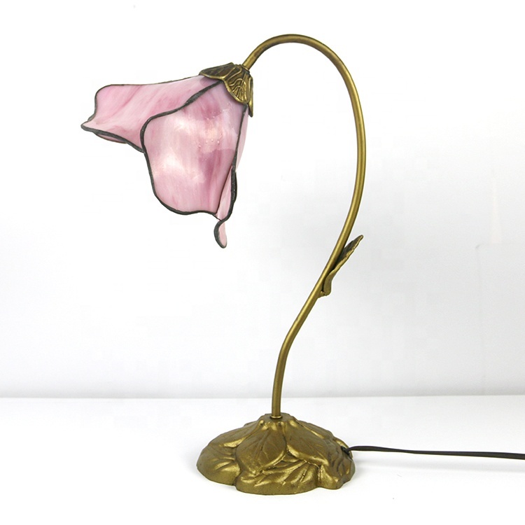LongHuiJing Antique Tiffany style Table Lamps Stained Glass handmade Desk Lamp Pink Petal lampshade Custom made lights