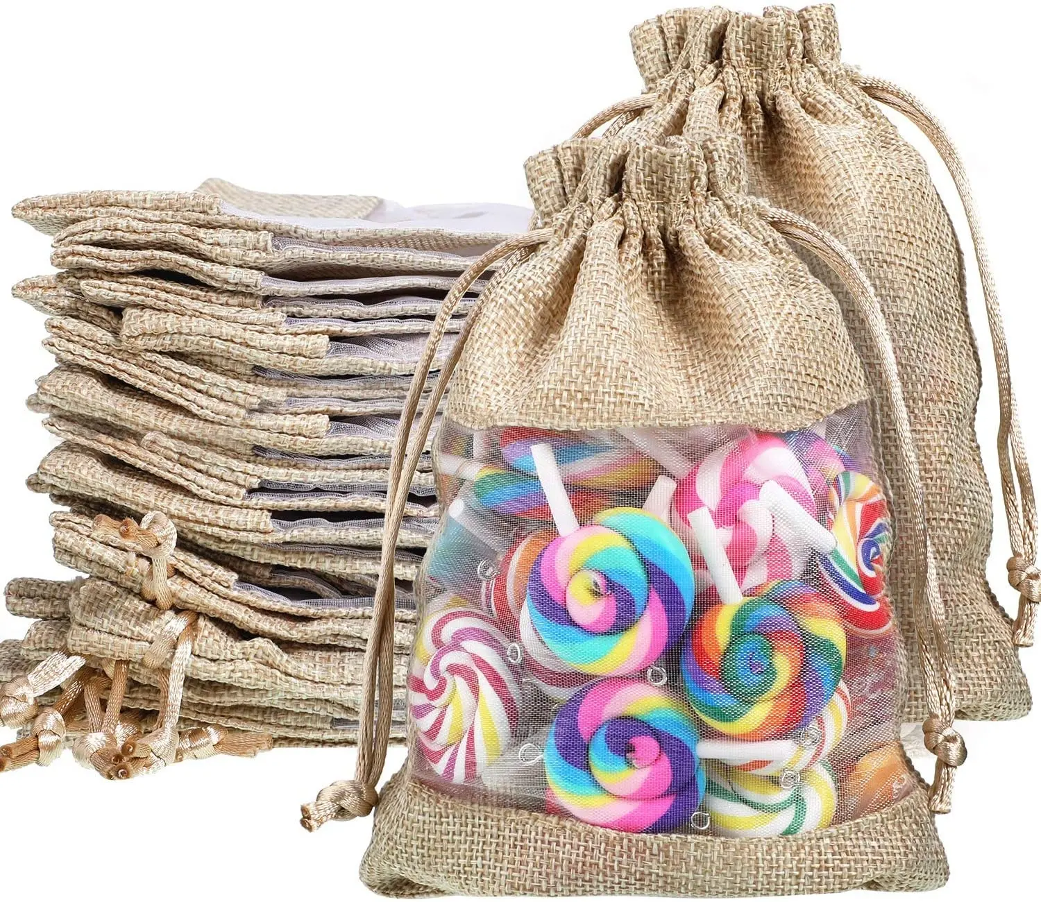 Bolsa de lino personalizada de fábrica, bolsas de arpillera con cordón, Organza transparente de yute