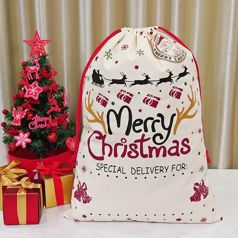 Bolsa de regalo de lona de gran tamaño para Navidad, saco de Papá Noel de 50x70cm con cordón, paquete de almacenamiento para decoración de Navidad, 2022