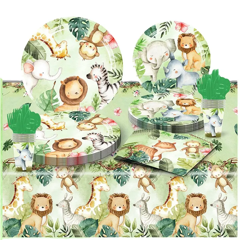 10 invités Jungle thème animal mignon enfant fête d'anniversaire ensemble assiettes en papier gobelets en papier nappe en tissu vaisselle jetable