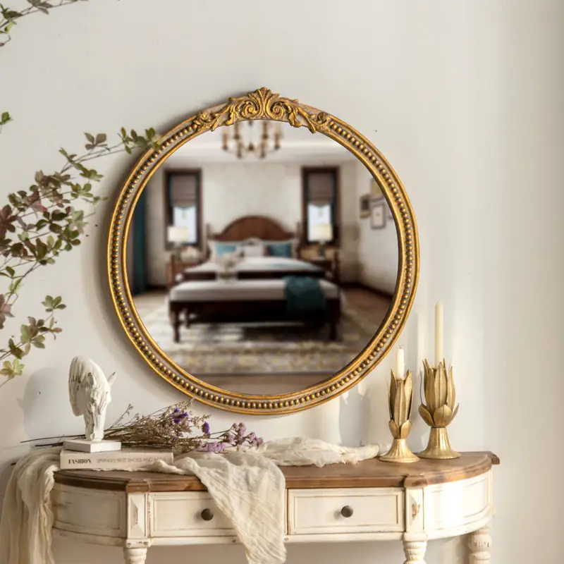 Vintage Solid Wood Round Frame Art Decor Mirror Gorgeous Gold Wall Filigree Mirror for home living room