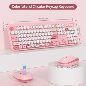 Combo de teclado y ratón inalámbricos, teclado inalámbrico Retro con teclas redondas, ratón de teclado inalámbrico bonito USB de tamaño completo de 2,4 GHz