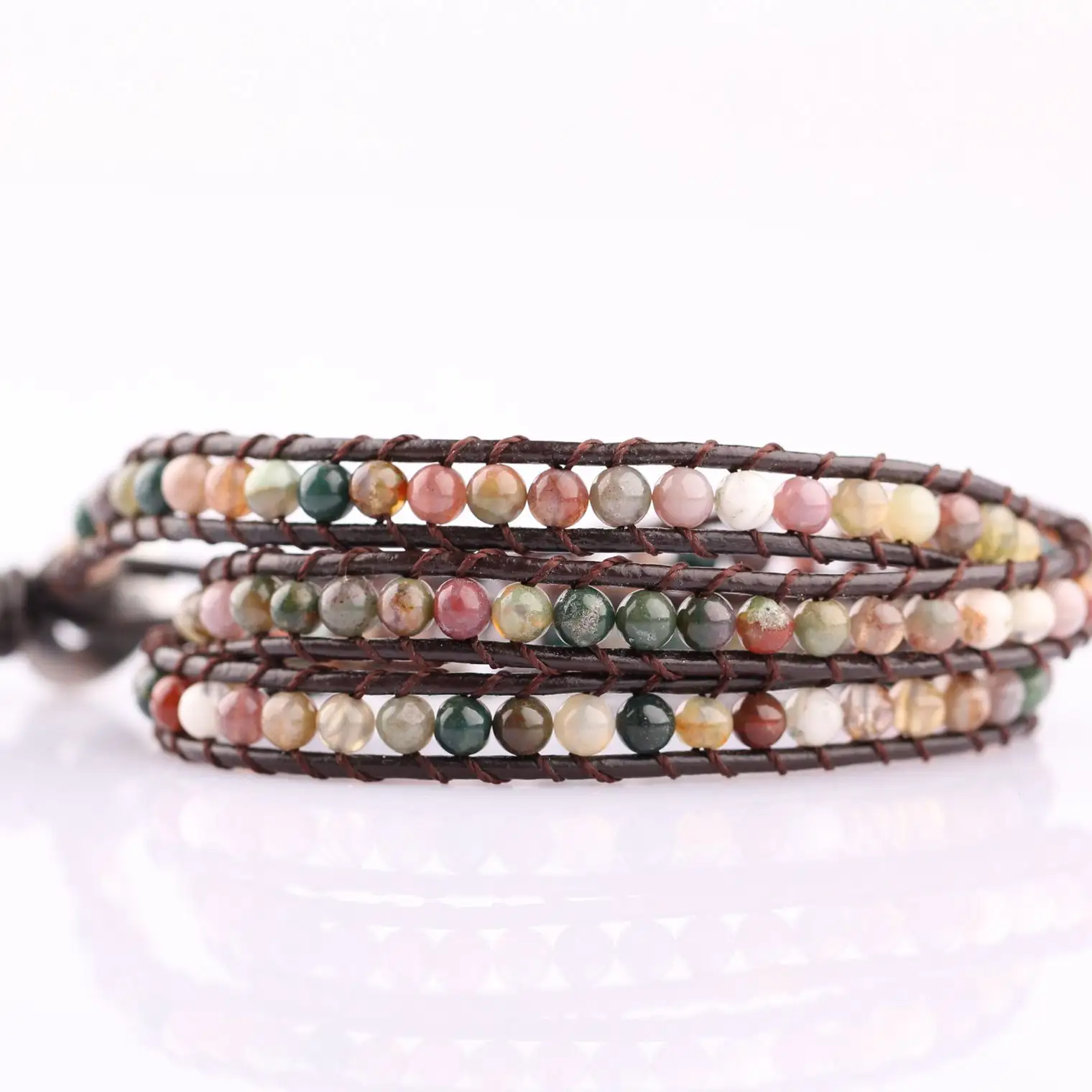 Gioielli di moda perline in pelle avvolgente bracciale agata pietra 2024 all'ingrosso 4mm naturale agata indiana bracciale