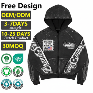 Chất Lượng Cao Mens Quần Áo Thời Trang Phố Hip Hop Axit Rửa Rhinestone Thêu Dây Kéo Lên Tùy Chỉnh Mặt Trời Faded Quá Khổ Áo Đen - Product Image 1