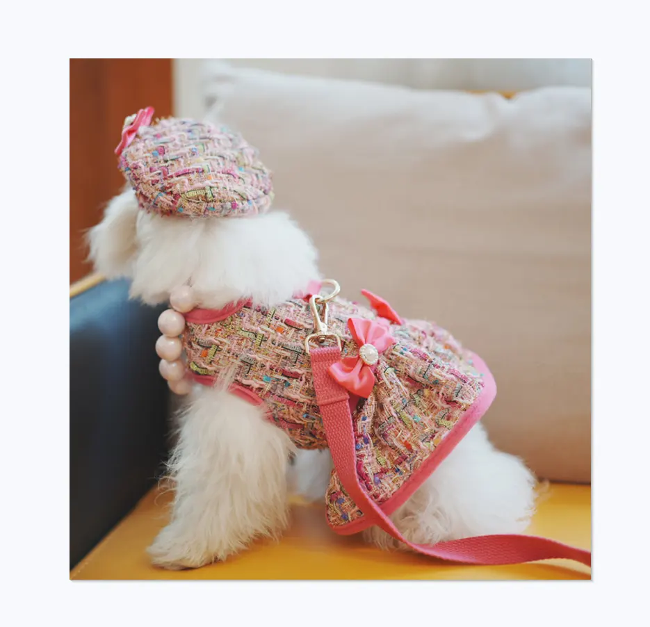 가죽 끈으로 핑크 울 레이디 디자인 브랜드 럭셔리 스타일 애완 동물 개 드레스 하네스