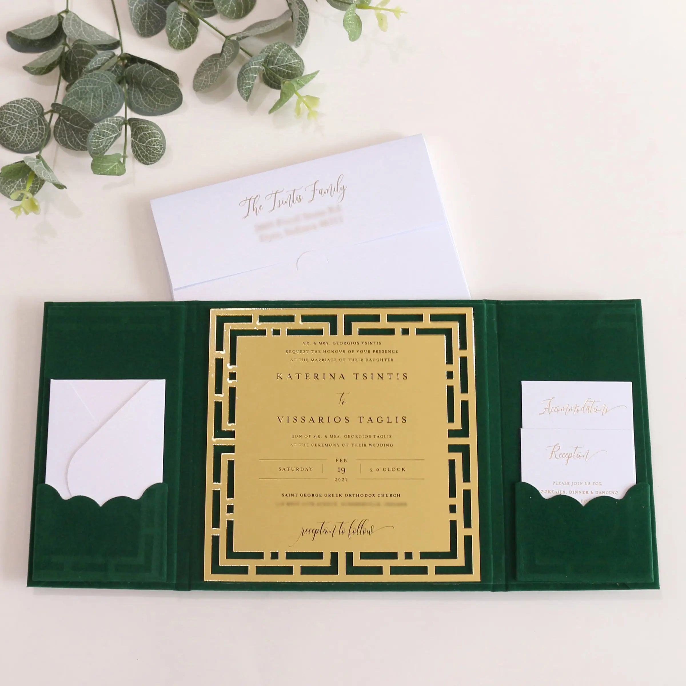 Invitations de mariage de luxe en velours vert émeraude avec enveloppe 3D et monogramme en acrylique