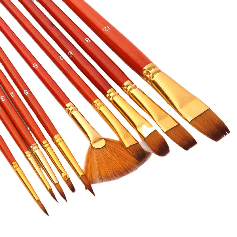 10Pcs Paint Brushes Set Nylon Hair Painting Brush Short Rod Oil Acrylic Brush Watercolor Pen Professional Art Supplies
