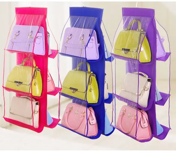 Grosir 6 kantong Organizer tas gantung untuk lemari pakaian tas penyimpanan transparan dua sisi pengatur penyimpanan tas tangan