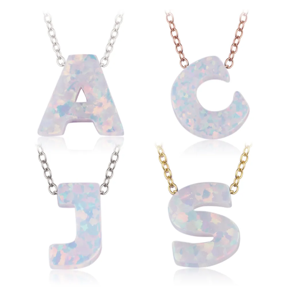 Moda sıcak satmak 26 mektup charms link zinciri kolye 16 inç 925 gümüş kaplama beyaz opal OP17 alfabe takı