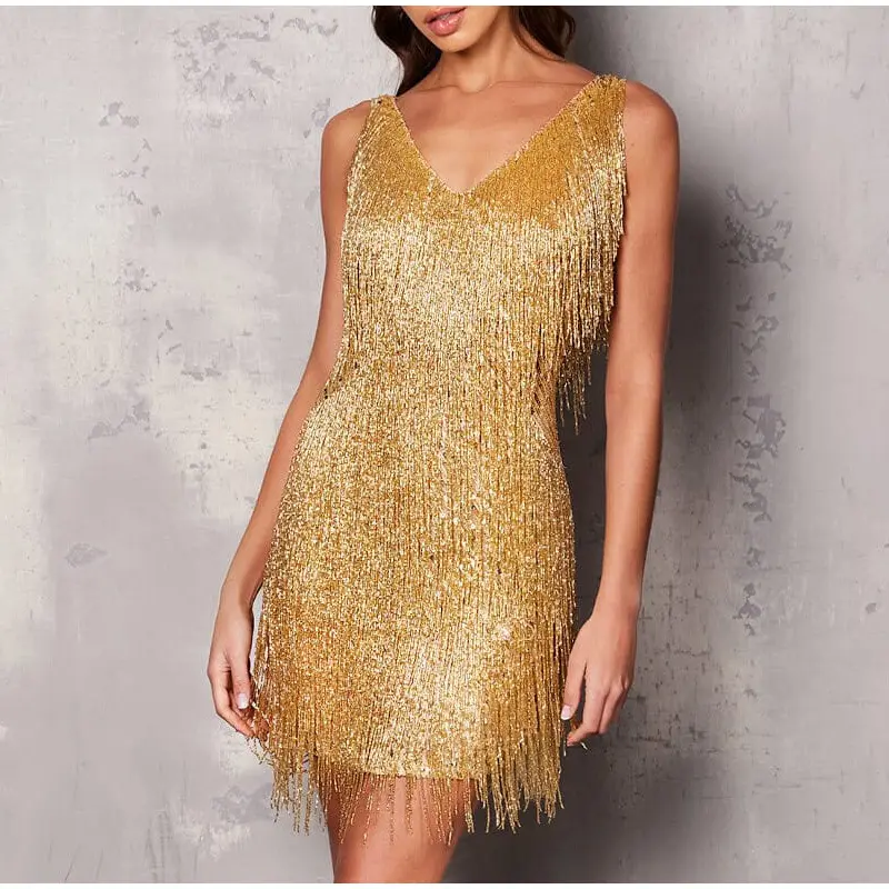 2023 New Sexy Tassel Sequins Mini Vestido Mulheres Spaghetti Strap Costura Vestidos Feminino Elegante Evening Party Club Dress