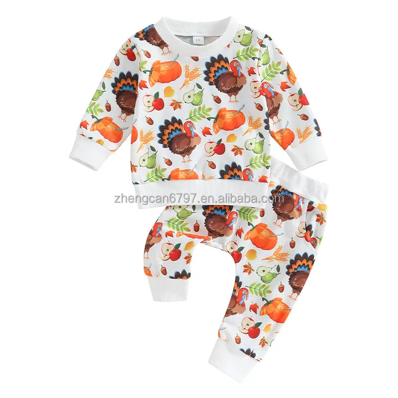 Toddler Boy Clothes Cartoon Thanksgiving Pure Cotton Outfit For Kids Turquia Long Sleeve Top Pants Sport Suits For Baby