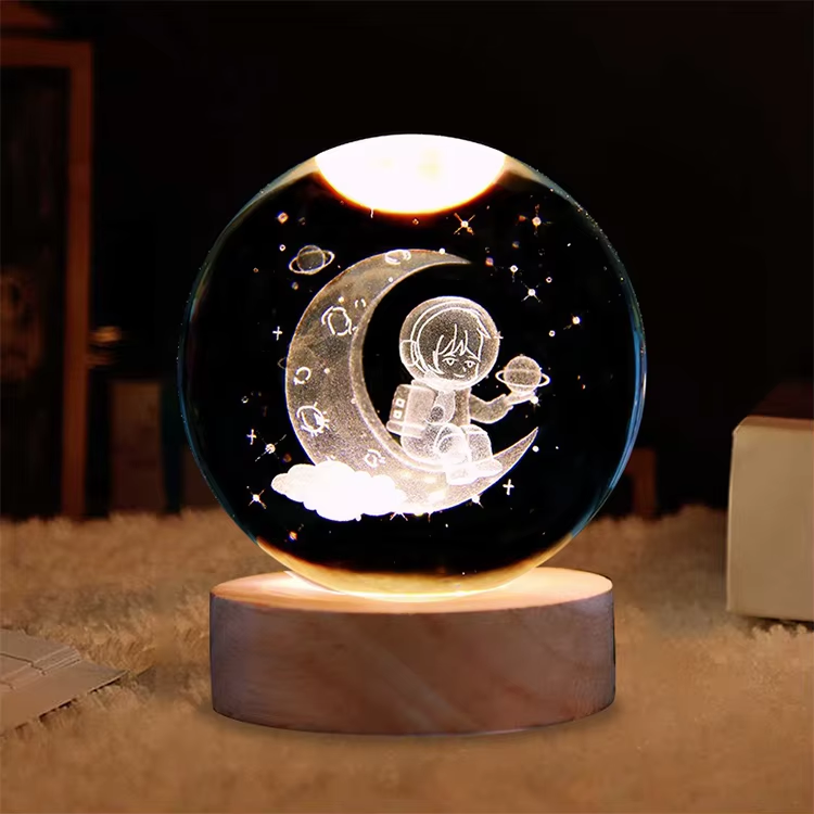 Base in legno + cristallo Design astronauta e luna