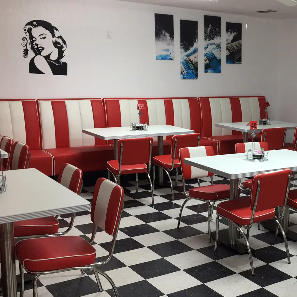 Prix usine personnalisé américain rétro restaurant burger shop café table en acier inoxydable et stand en cuir ensemble de chaises de salle à manger