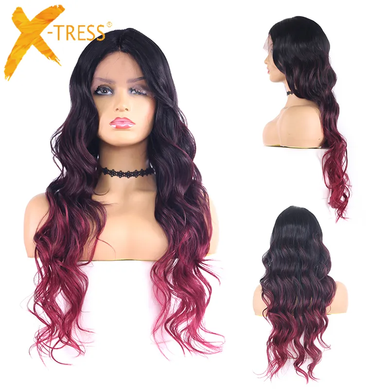 X-TRESS al por mayor 1B/99J/BURG Ombre color sintético pelucas delanteras de encaje de onda larga, negro, marrón, 24 pulgadas de pelo peluca de encaje para las mujeres