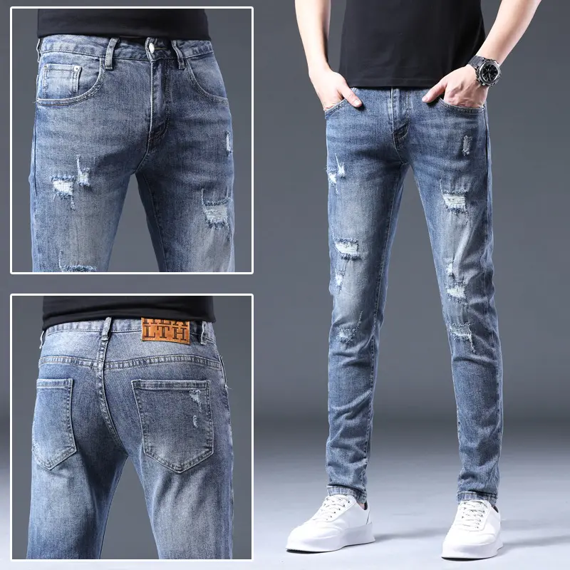 Calça jeans feminina rasgada de algodão casual, novidade da moda, calça jeans feminina slim para homens, calçado com pés pequenos, novidade primavera outono 2024