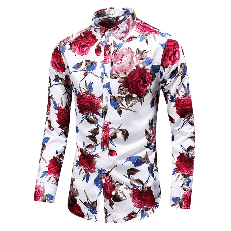 Camisa de algodón estampada para hombre, Polo de manga larga informal, ecológico y cómodo, con estampado de rosas