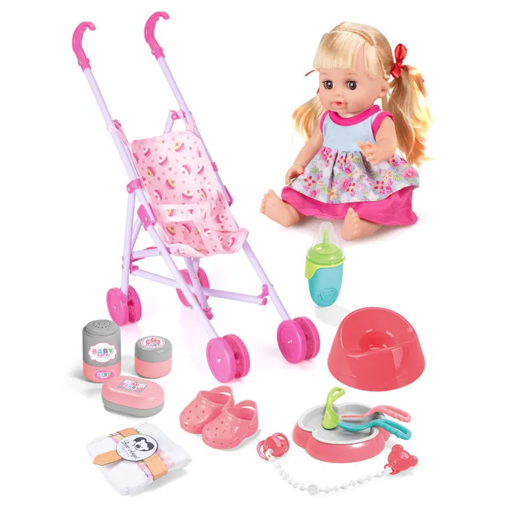 Nuevo diseño Play Set 12 Sound Kids Game Push Cart 14 pulgadas Silicona Girl Toys Doll