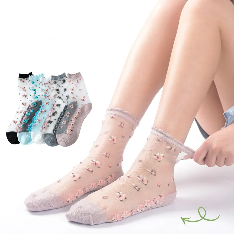 Stoking wanita modis tipis musim panas bunga kristal kaus kaki perempuan stoking sutra elastis renda transparan kaus kaki kru tipis untuk wanita