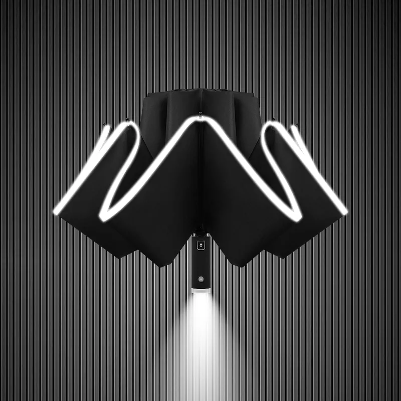 Customize creative automatic foldable reverse inverted umbrella 3 fold with led light and reflective strip custom logo print
